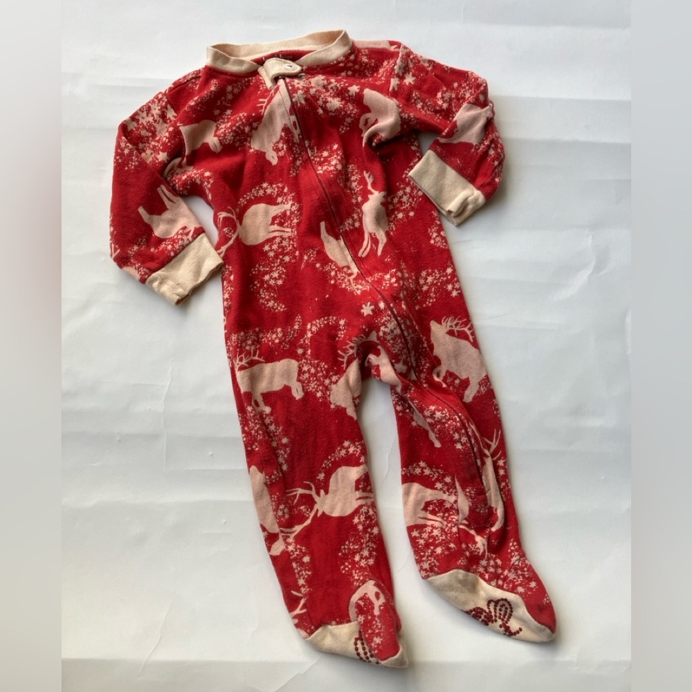 Burt's Bees Red and Cream Animal Reindeer Print Kids Footie Size 6-9 Mos